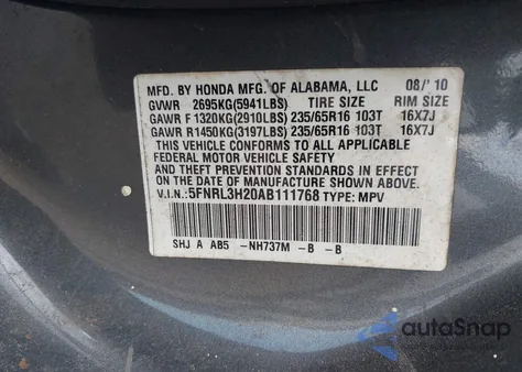 2010 Honda Odyssey Lx from USA, damaged, VIN 5FNRL3H20AB111768